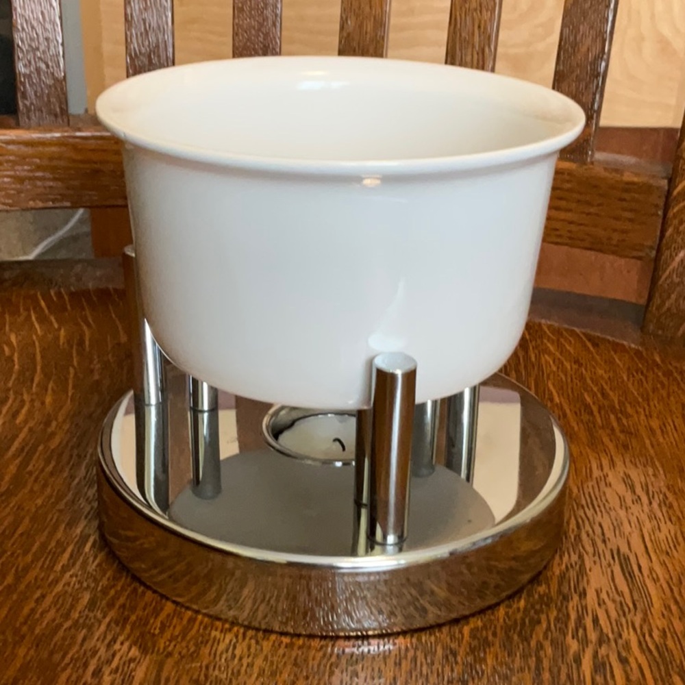 White Ceramic Butter Warmer Pot with Chrome Stand